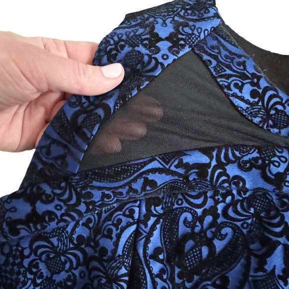 Y2K velvet burnout blue black Sleeveless midi Dress elegant sheath goth 960 - Picture 6 of 16